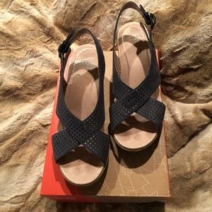Dansko Blue Suede Crisscross Wedge Sandals